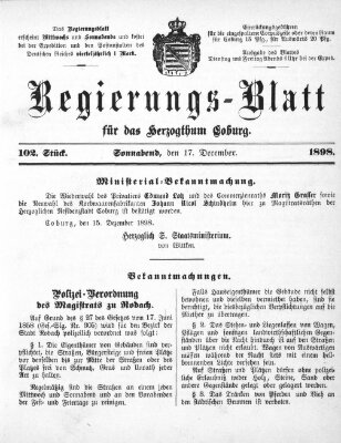 Regierungs-Blatt für das Herzogtum Coburg (Coburger Regierungs-Blatt) Samstag 17. Dezember 1898