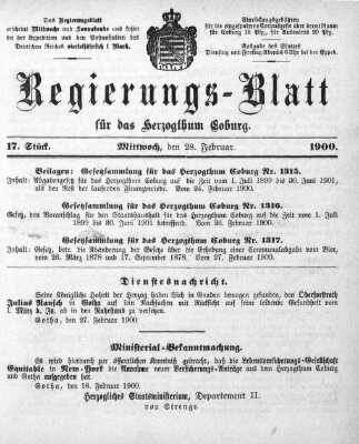 Regierungs-Blatt für das Herzogtum Coburg (Coburger Regierungs-Blatt) Wednesday 28. February 1900