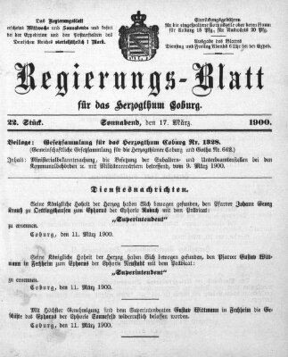 Regierungs-Blatt für das Herzogtum Coburg (Coburger Regierungs-Blatt) Samstag 17. März 1900