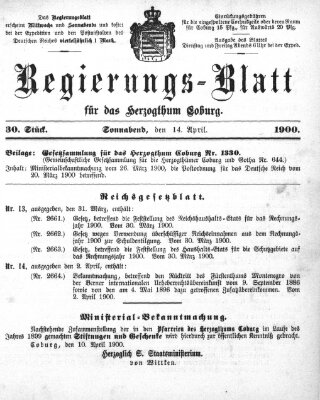 Regierungs-Blatt für das Herzogtum Coburg (Coburger Regierungs-Blatt) Samstag 14. April 1900