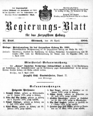 Regierungs-Blatt für das Herzogtum Coburg (Coburger Regierungs-Blatt) Mittwoch 18. April 1900