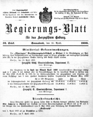 Regierungs-Blatt für das Herzogtum Coburg (Coburger Regierungs-Blatt) Samstag 21. April 1900