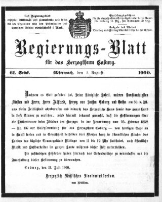 Regierungs-Blatt für das Herzogtum Coburg (Coburger Regierungs-Blatt) Mittwoch 1. August 1900