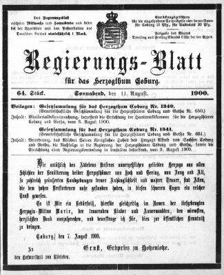 Regierungs-Blatt für das Herzogtum Coburg (Coburger Regierungs-Blatt) Samstag 11. August 1900