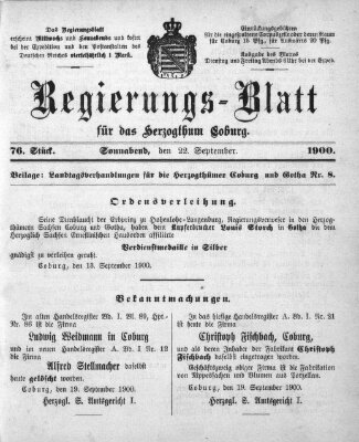 Regierungs-Blatt für das Herzogtum Coburg (Coburger Regierungs-Blatt) Samstag 22. September 1900