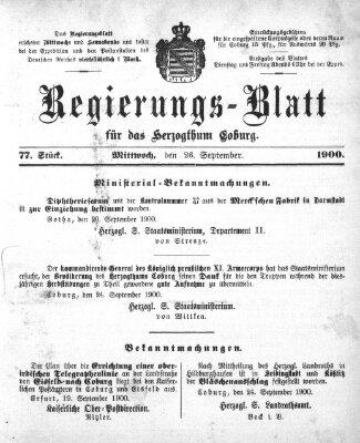 Regierungs-Blatt für das Herzogtum Coburg (Coburger Regierungs-Blatt) Mittwoch 26. September 1900