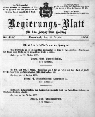 Regierungs-Blatt für das Herzogtum Coburg (Coburger Regierungs-Blatt) Samstag 20. Oktober 1900