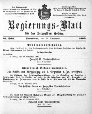 Regierungs-Blatt für das Herzogtum Coburg (Coburger Regierungs-Blatt) Samstag 17. November 1900