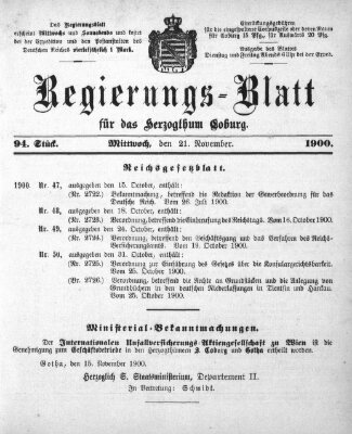 Regierungs-Blatt für das Herzogtum Coburg (Coburger Regierungs-Blatt) Mittwoch 21. November 1900