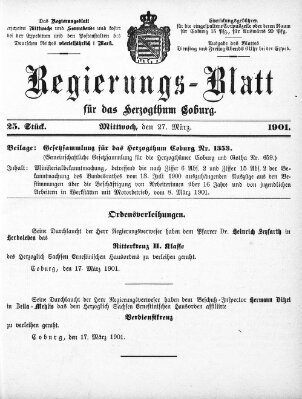 Regierungs-Blatt für das Herzogtum Coburg (Coburger Regierungs-Blatt) Mittwoch 27. März 1901