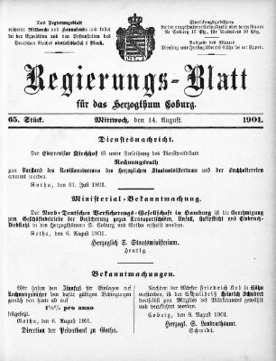 Regierungs-Blatt für das Herzogtum Coburg (Coburger Regierungs-Blatt) Mittwoch 14. August 1901