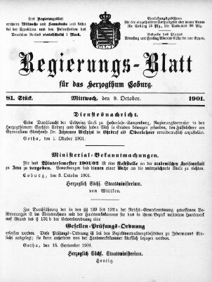 Regierungs-Blatt für das Herzogtum Coburg (Coburger Regierungs-Blatt) Mittwoch 9. Oktober 1901