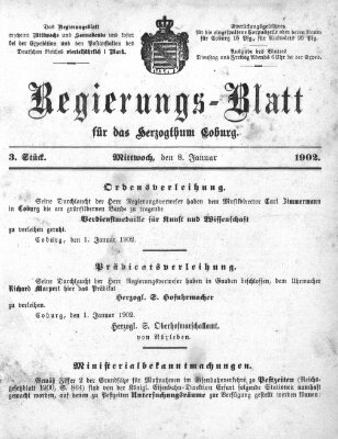 Regierungs-Blatt für das Herzogtum Coburg (Coburger Regierungs-Blatt) Mittwoch 8. Januar 1902