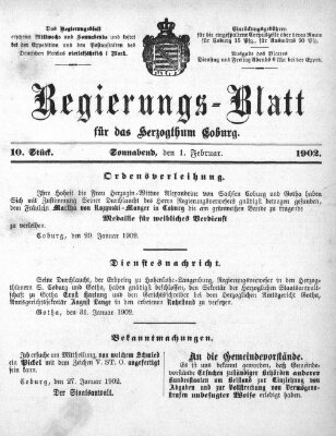 Regierungs-Blatt für das Herzogtum Coburg (Coburger Regierungs-Blatt) Samstag 1. Februar 1902