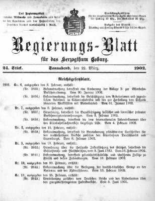 Regierungs-Blatt für das Herzogtum Coburg (Coburger Regierungs-Blatt) Samstag 22. März 1902