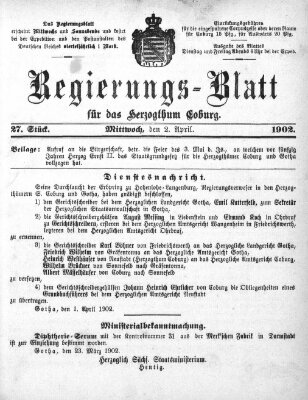 Regierungs-Blatt für das Herzogtum Coburg (Coburger Regierungs-Blatt) Mittwoch 2. April 1902