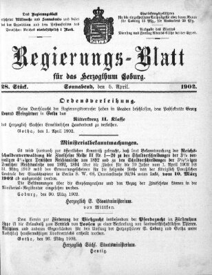 Regierungs-Blatt für das Herzogtum Coburg (Coburger Regierungs-Blatt) Samstag 5. April 1902