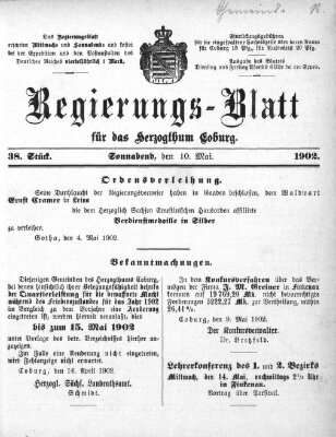 Regierungs-Blatt für das Herzogtum Coburg (Coburger Regierungs-Blatt) Samstag 10. Mai 1902