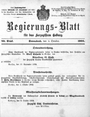 Regierungs-Blatt für das Herzogtum Coburg (Coburger Regierungs-Blatt) Samstag 4. Oktober 1902