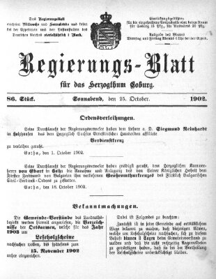 Regierungs-Blatt für das Herzogtum Coburg (Coburger Regierungs-Blatt) Samstag 25. Oktober 1902