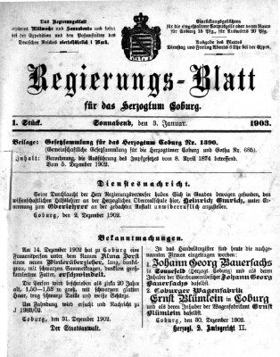 Regierungs-Blatt für das Herzogtum Coburg (Coburger Regierungs-Blatt) Samstag 3. Januar 1903