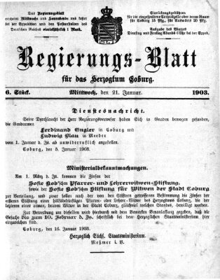 Regierungs-Blatt für das Herzogtum Coburg (Coburger Regierungs-Blatt) Mittwoch 21. Januar 1903