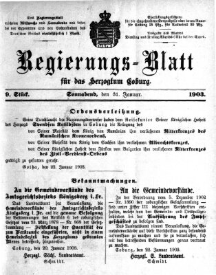 Regierungs-Blatt für das Herzogtum Coburg (Coburger Regierungs-Blatt) Samstag 31. Januar 1903