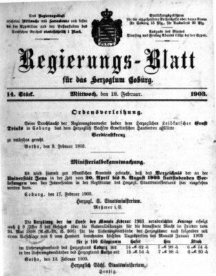 Regierungs-Blatt für das Herzogtum Coburg (Coburger Regierungs-Blatt) Mittwoch 18. Februar 1903