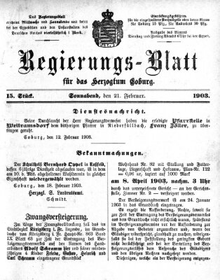 Regierungs-Blatt für das Herzogtum Coburg (Coburger Regierungs-Blatt) Samstag 21. Februar 1903