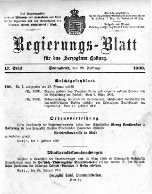 Regierungs-Blatt für das Herzogtum Coburg (Coburger Regierungs-Blatt) Samstag 28. Februar 1903