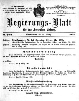 Regierungs-Blatt für das Herzogtum Coburg (Coburger Regierungs-Blatt) Samstag 14. März 1903