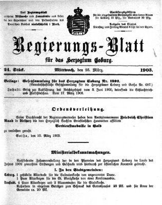 Regierungs-Blatt für das Herzogtum Coburg (Coburger Regierungs-Blatt) Mittwoch 25. März 1903