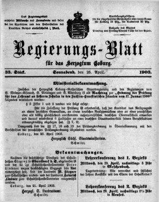 Regierungs-Blatt für das Herzogtum Coburg (Coburger Regierungs-Blatt) Samstag 25. April 1903