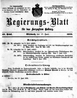 Regierungs-Blatt für das Herzogtum Coburg (Coburger Regierungs-Blatt) Mittwoch 17. Juni 1903