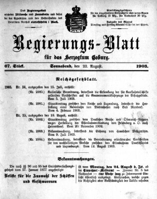 Regierungs-Blatt für das Herzogtum Coburg (Coburger Regierungs-Blatt) Samstag 22. August 1903