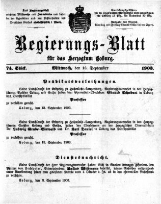 Regierungs-Blatt für das Herzogtum Coburg (Coburger Regierungs-Blatt) Mittwoch 16. September 1903