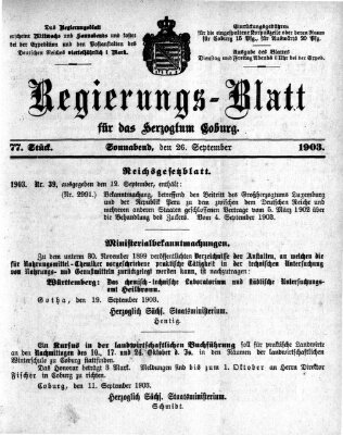 Regierungs-Blatt für das Herzogtum Coburg (Coburger Regierungs-Blatt) Samstag 26. September 1903