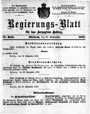 Regierungs-Blatt für das Herzogtum Coburg (Coburger Regierungs-Blatt) Mittwoch 30. September 1903