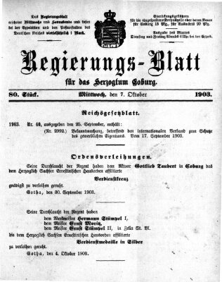 Regierungs-Blatt für das Herzogtum Coburg (Coburger Regierungs-Blatt) Mittwoch 7. Oktober 1903