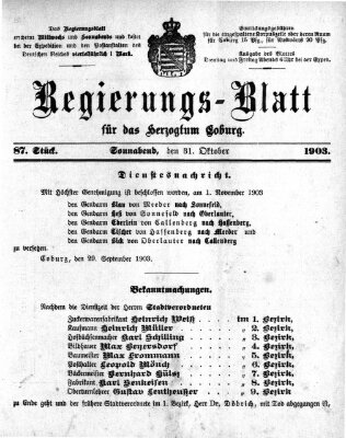 Regierungs-Blatt für das Herzogtum Coburg (Coburger Regierungs-Blatt) Samstag 31. Oktober 1903