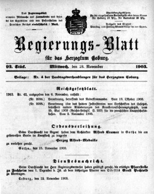 Regierungs-Blatt für das Herzogtum Coburg (Coburger Regierungs-Blatt) Mittwoch 18. November 1903