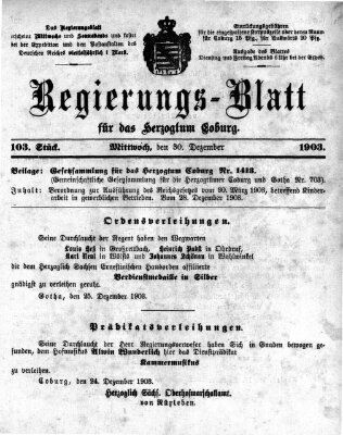 Regierungs-Blatt für das Herzogtum Coburg (Coburger Regierungs-Blatt) Mittwoch 30. Dezember 1903