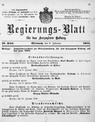 Regierungs-Blatt für das Herzogtum Coburg (Coburger Regierungs-Blatt) Mittwoch 3. Februar 1904