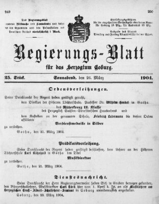 Regierungs-Blatt für das Herzogtum Coburg (Coburger Regierungs-Blatt) Samstag 26. März 1904