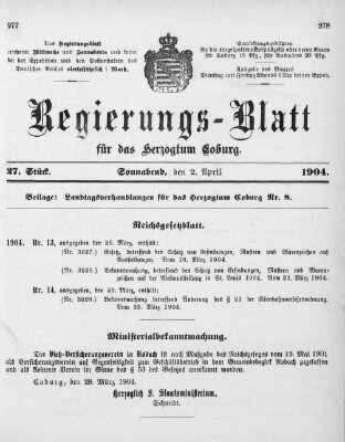 Regierungs-Blatt für das Herzogtum Coburg (Coburger Regierungs-Blatt) Samstag 2. April 1904