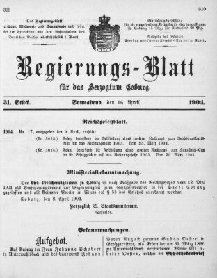 Regierungs-Blatt für das Herzogtum Coburg (Coburger Regierungs-Blatt) Samstag 16. April 1904