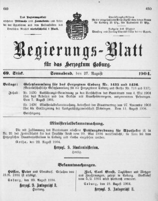 Regierungs-Blatt für das Herzogtum Coburg (Coburger Regierungs-Blatt) Samstag 27. August 1904