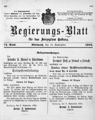 Regierungs-Blatt für das Herzogtum Coburg (Coburger Regierungs-Blatt) Mittwoch 14. September 1904