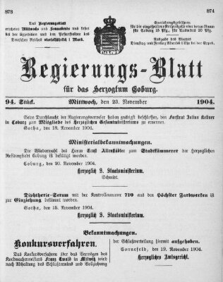 Regierungs-Blatt für das Herzogtum Coburg (Coburger Regierungs-Blatt) Mittwoch 23. November 1904