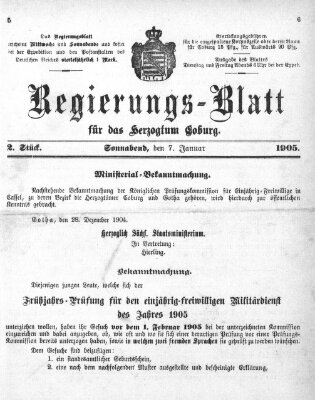 Regierungs-Blatt für das Herzogtum Coburg (Coburger Regierungs-Blatt) Samstag 7. Januar 1905